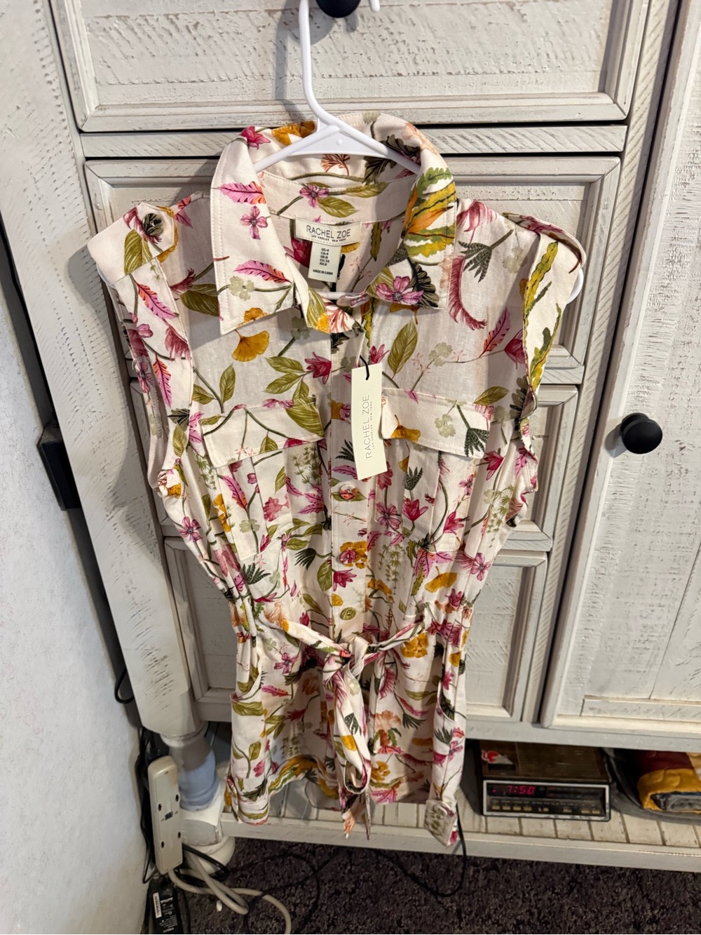 Rachel Zoe Cream Floral Tie-Waist Midi Dress with Pink and Green Accents